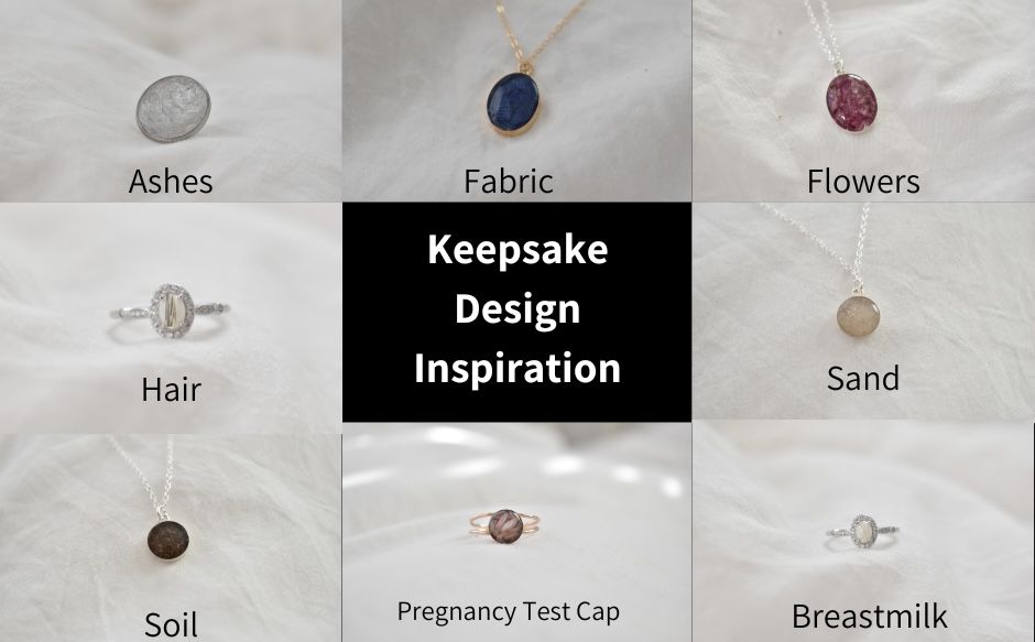A grid of different materials like ashes, flowers, hair, and breastmilk, showing inspiration for keepsake and memorial jewelry designs.