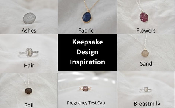 A grid of different materials like ashes, flowers, hair, and breastmilk, showing inspiration for keepsake and memorial jewelry designs.