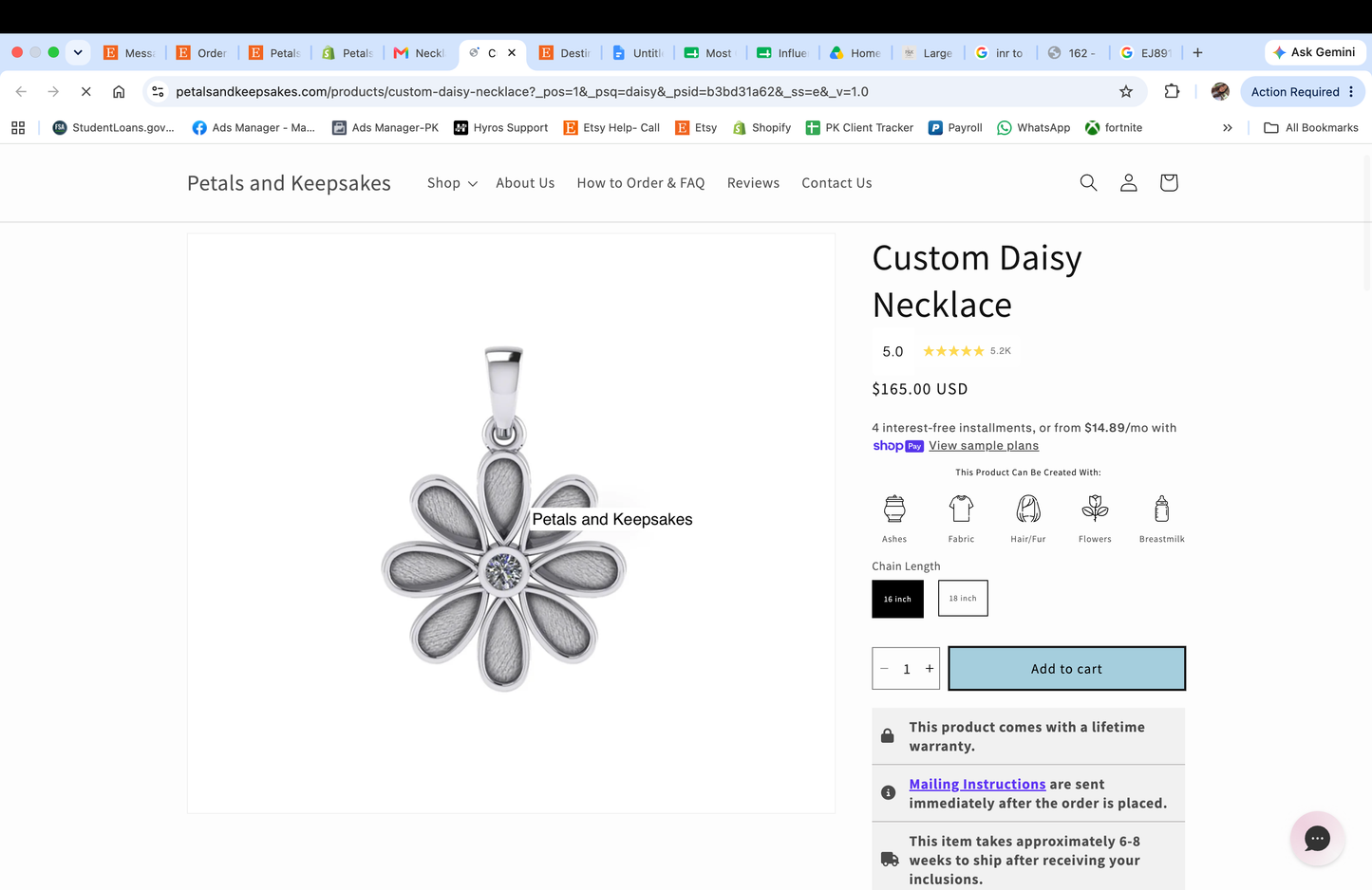 Custom Daisy Necklace - Solid 10k Rose Gold - 18 inch chain